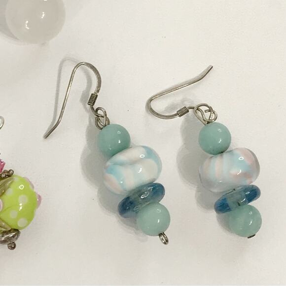 Vintage Lampwork Rose 925 Sterling Art Glass Quartz Beaded Drop Earring Sets Lot - Picture 4 of 16